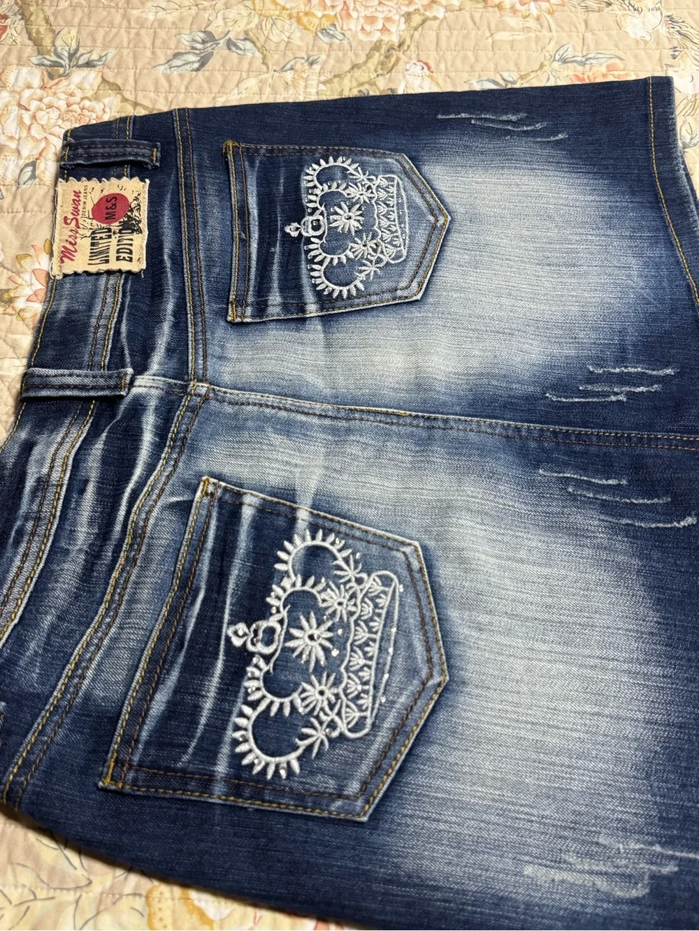 Washed Dark Blue Denim Mini Skirt - Embroidered Pocket Detail